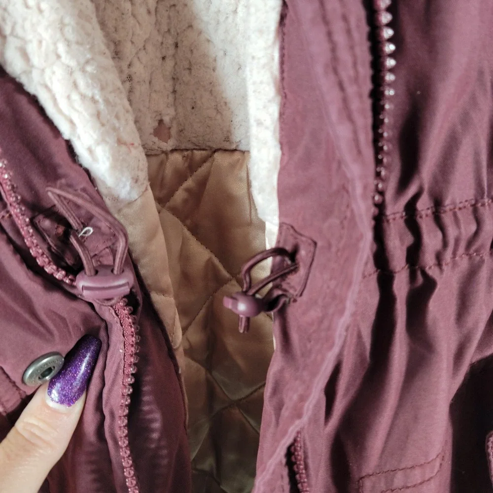 Abercrombie Kids Parka Jacket Kids 15/16 Maroon Faux Fur Hooded Sherpa Lined